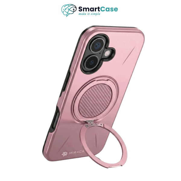כיסוי מגנטי פלסטיק ל-iPhone 17 בצבע ורוד עם מעמד מובנה, מתאים לדגמי MIRAMAG, משפר את ההגנה והנוחות בשימוש.