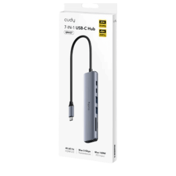 מפצל USB-C עם 7 יציאות כולל HDMI 4K וטעינה של 100W, מתאים למחשבים ניידים וטאבלטים, תומך ב-4K, עיצוב קומפקטי ואמין לשימוש יומיומי.