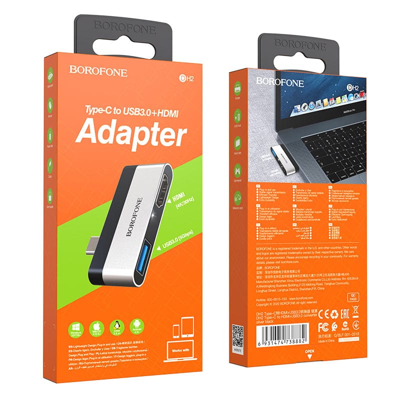 מתאם USB-C ל-HDMI ו-USB 3.0 מבית BOROFONE, תומך בחיבור מהיר ואמין בין מכשירי USB-C למסכי HDMI, כולל חיבור USB 3.0 להעברת נתונים במהירות גבוהה. מתאים לשימוש עם מחשבים ניידים, טאבלטים ומכשירים תואמים.