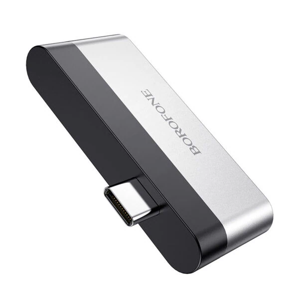 מתאם USB-C ל-HDMI ו-USB 3.0 BOROFONE DH2 לחיבור קל ונוח בין מכשירים תומכי USB-C למסכי HDMI, כולל חיבורי USB 3.0 להעברת נתונים במהירות גבוהה.