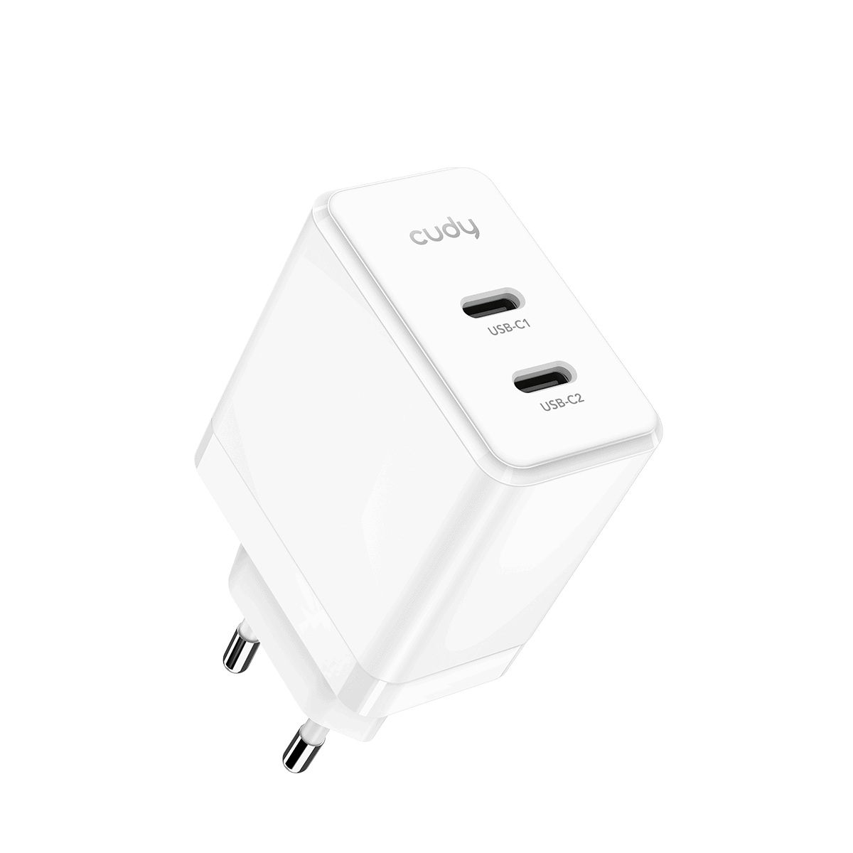 מטען קיר חכם 40W עם טכנולוגיית GaN ויציאות USB-C כפולות, מתאים לטעינה מהירה של מכשירים ניידים וטאבלטים, עיצוב קומפקטי ואיכותי מבית Cudy.