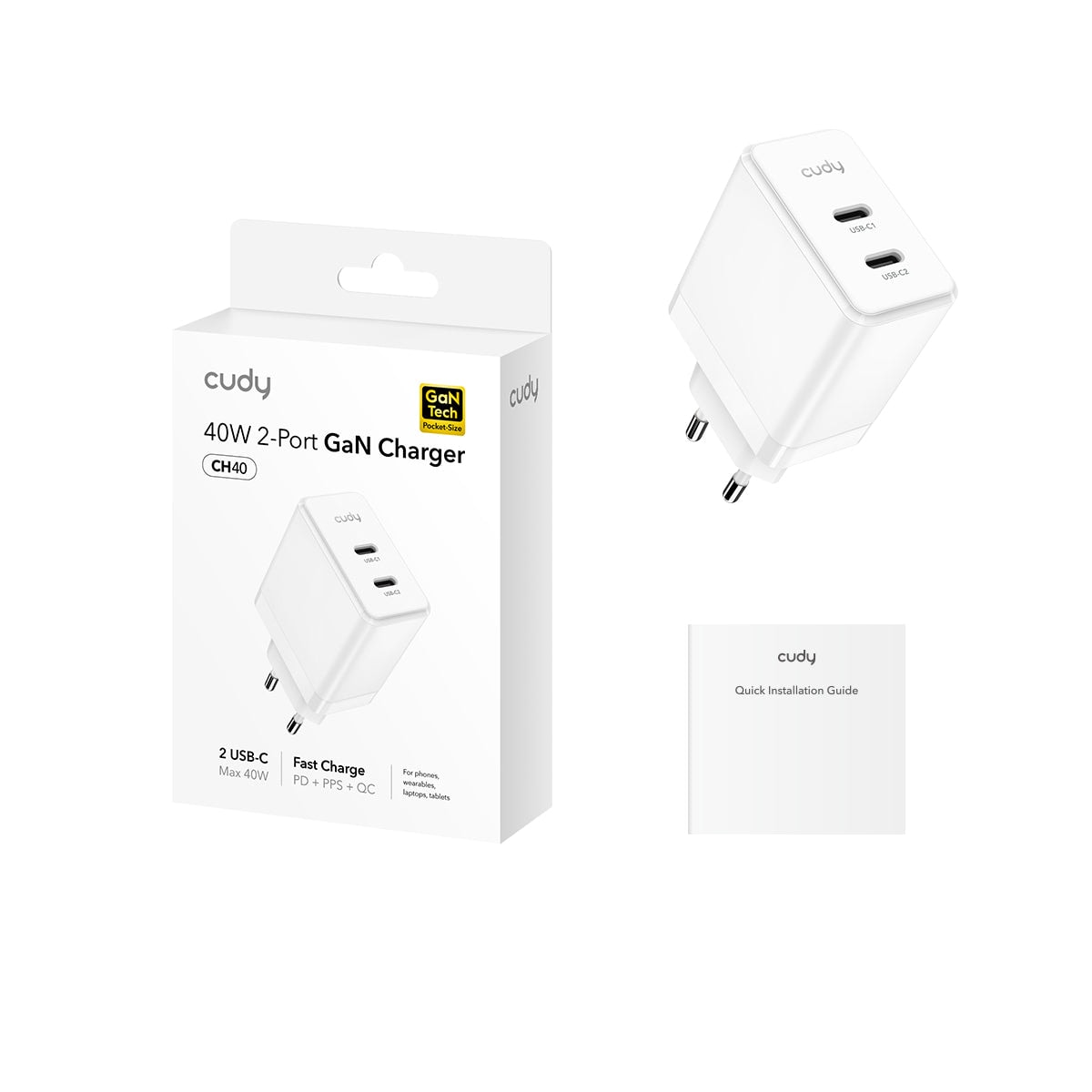 מטען קיר 40W GaN עם שתי יציאות USB-C, תומך בטכנולוגיית GaN לטעינה מהירה ויעילה, מתאים לשימוש עם מכשירים ניידים וטאבלטים.