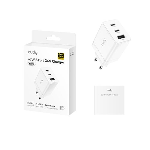 מטען קיר חכם 67W GaN עם שני יציאות USB-C ואחת USB-A, תואם לטעינה מהירה ומותאם למכשירים ניידים ולמחשבים ניידים. עיצוב קומפקטי ויעיל לטעינה מהירה בכל מקום.