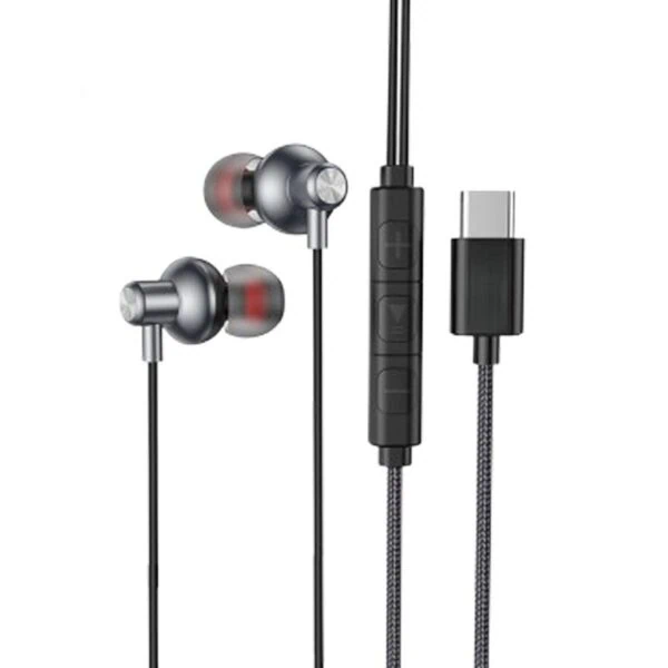 אוזניות סטריאו USB-C עם מיקרופון וכבל סיליקון, מושלמות לשימוש יומיומי ומקצועי, עם עיצוב נוח ואיכות שמע גבוהה.