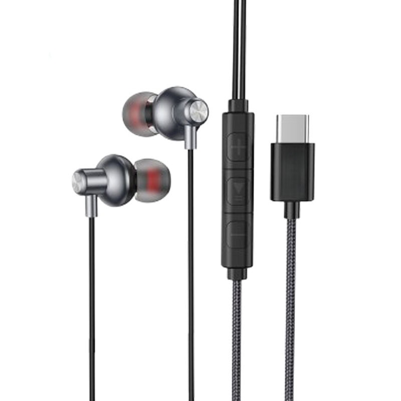 אוזניות סטריאו USB-C עם מיקרופון וכבל סיליקון, מושלמות לשימוש יומיומי ומקצועי, עם עיצוב נוח ואיכות שמע גבוהה.