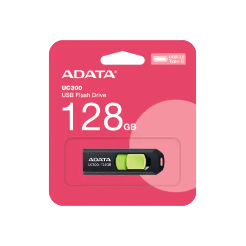 זיכרון נייד ADATA UC300 בנפח 128GB עם חיבור USB-C, בצבע שחור וירוק, מתאים לאחסון מהיר וניידות.