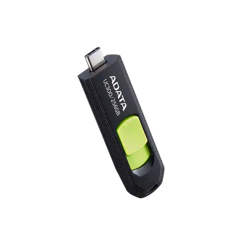 זיכרון נייד USB-C של ADATA בנפח 256GB בצבע שחור וירוק, קל לנשיאה ומהיר בהעברת קבצים.