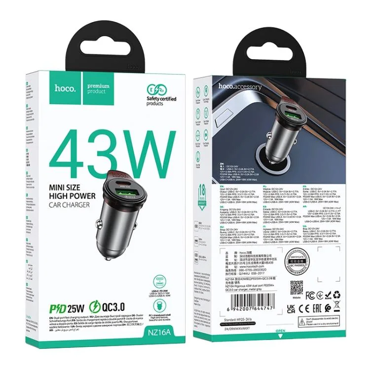 מטען רכב 43W עם יציאת USB כפולה, מתאים לטעינה מהירה של מכשירים ניידים, כולל טכנולוגיית QC3.0, עיצוב קומפקטי ואיכותי,.