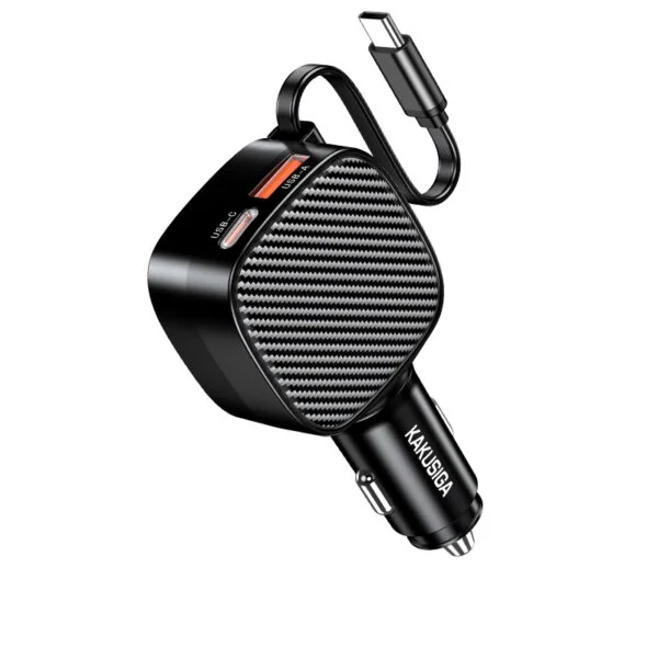 מטען לרכב 70W עם שני יציאות USB וכבל נשלף, מתאים לטעינה מהירה של מכשירים ניידים ברכב.