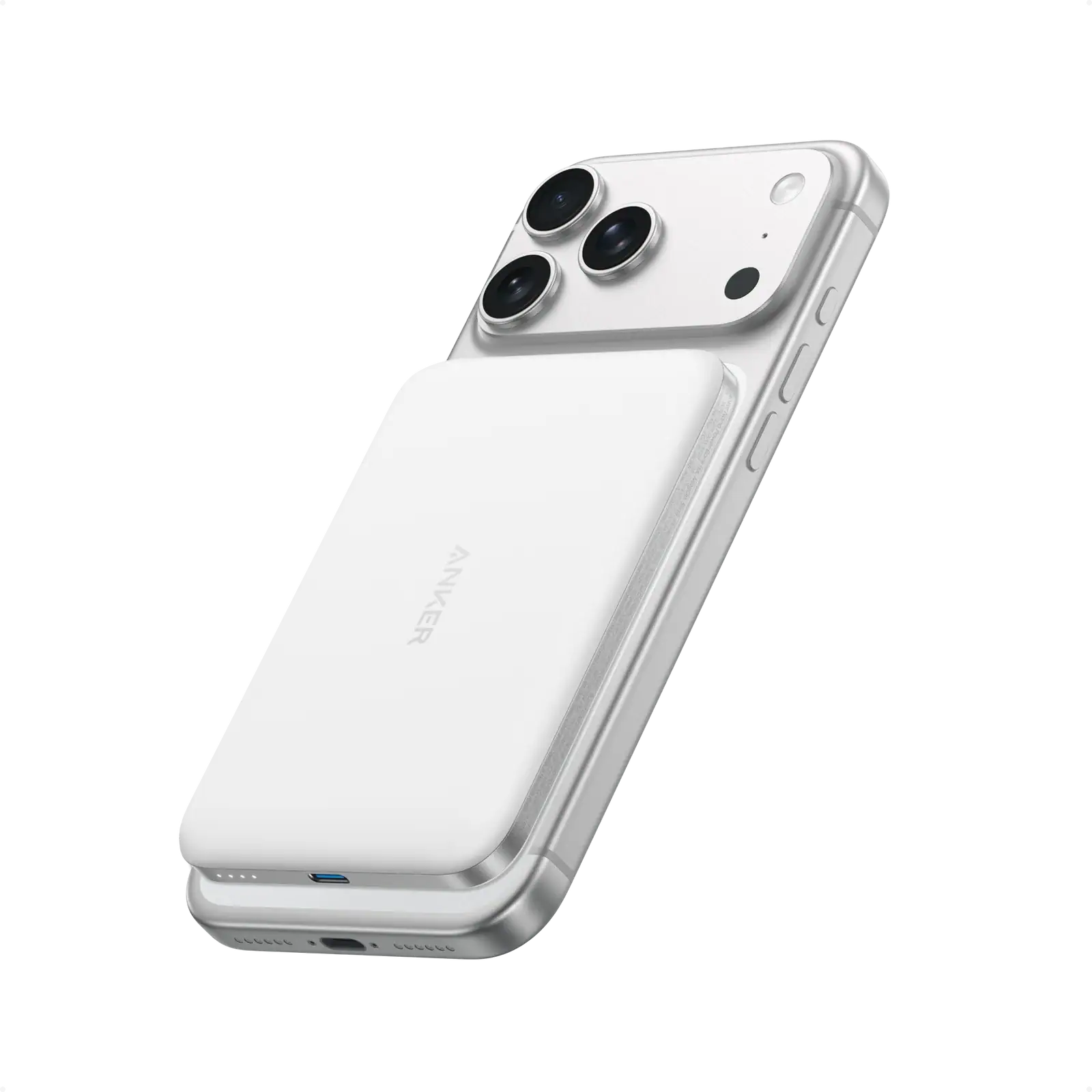 סוללת גיבוי אלחוטית מגנטית 5000mAh Anker Nano Slim לבן עם עיצוב דק וקל משקל, מתאימה לטעינה אלחוטית של מכשירי סמארטפון.