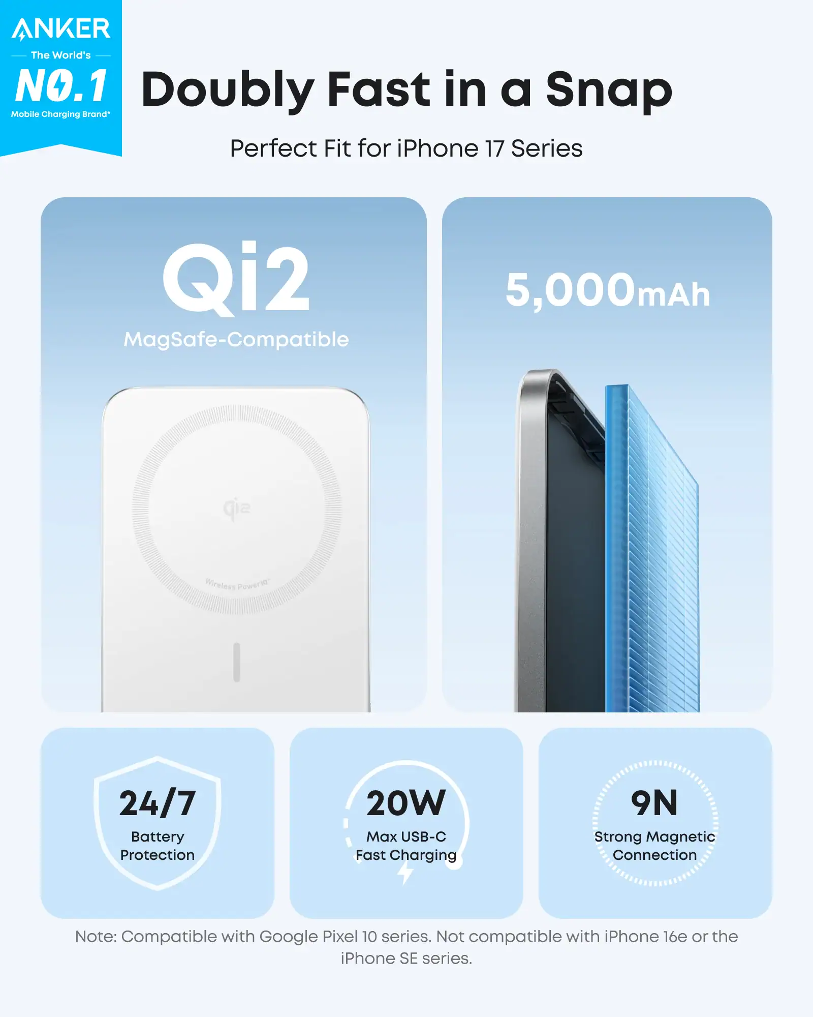 סוללת גיבוי אלחוטית 5000mAh Anker Nano עם עיצוב לבן וטעינה מהירה ל-iPhone 17 Series.