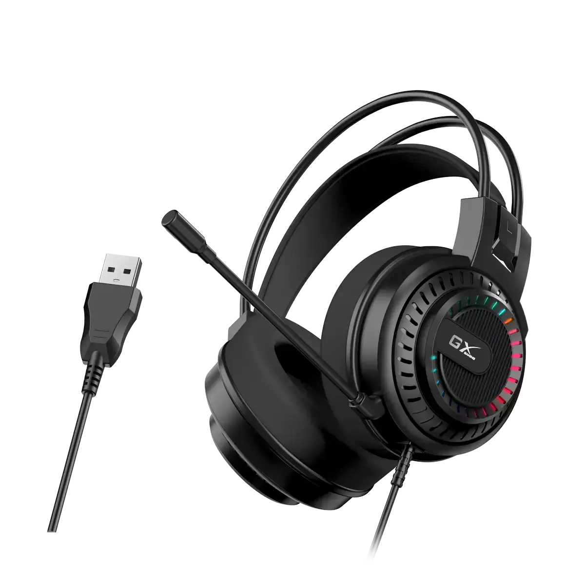 אוזניות גיימינג חוטיות USB-A עם תאורת RGB שחורה, מיקרופון נשלף, עיצוב נוח, איכות שמע גבוהה, מתאים לגיימרים מקצועיים.