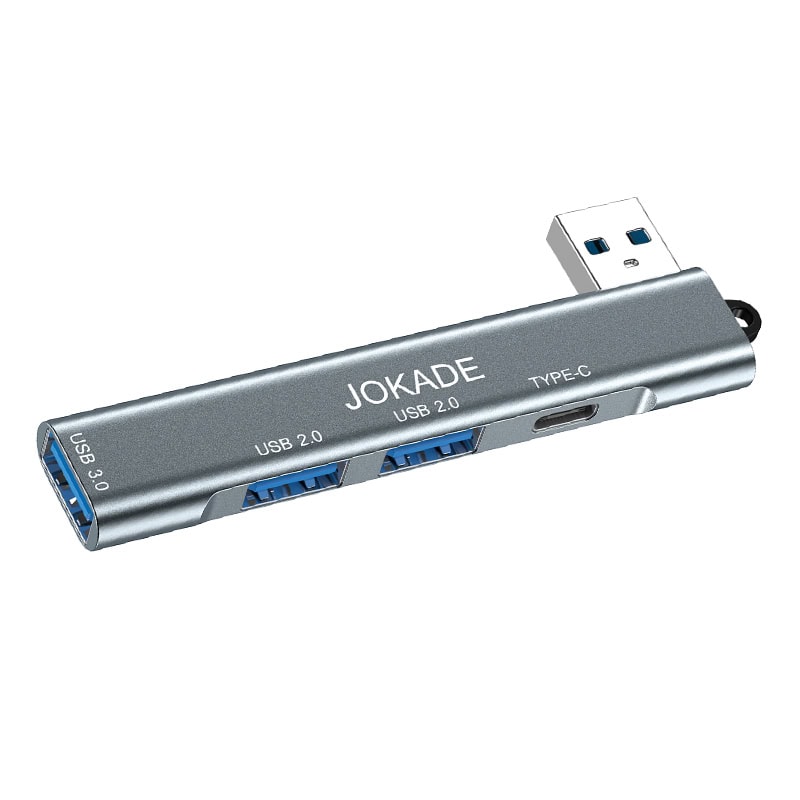 מפצל USB 4 ב-1 עם חיבור Type-C, USB 3.0 ו-USB 2.0, מתאים לחיבורי מחשב וניידים, עיצוב אלומיניום כסוף, מותג JOKADE.