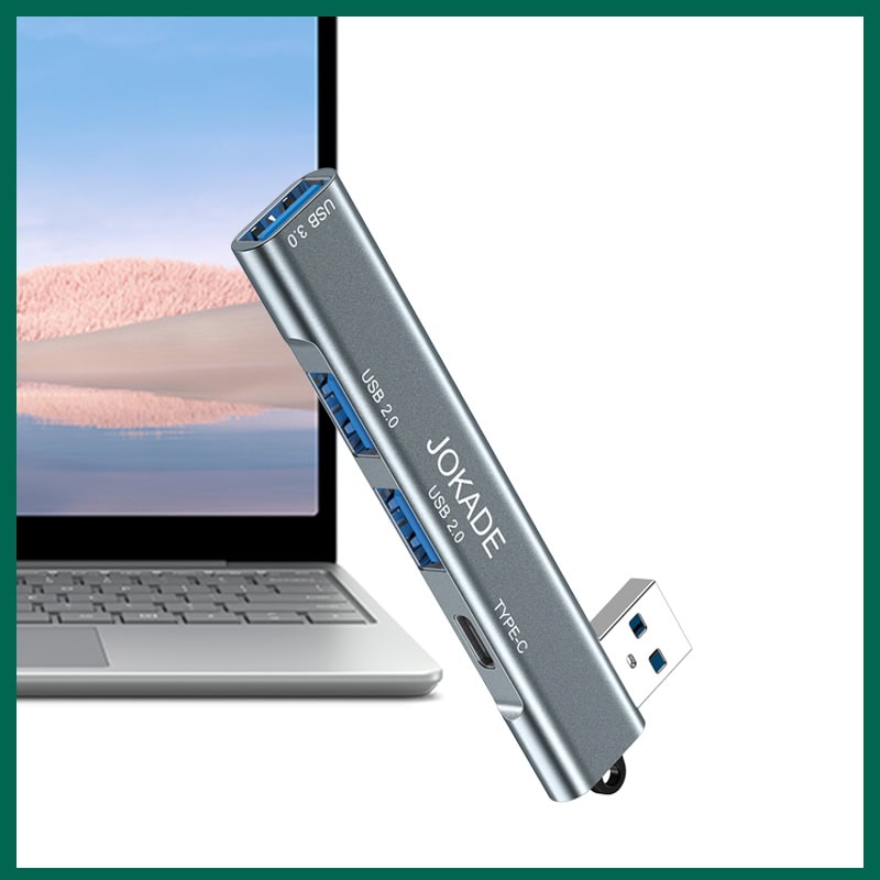 מפצל USB 4 ב-1 עם חיבור Type-C, USB3.0 ו-USB2.0, מתאים לשימוש עם מחשבים ניידים וטלפונים חכמים, תומך בהעברת נתונים מהירה.
