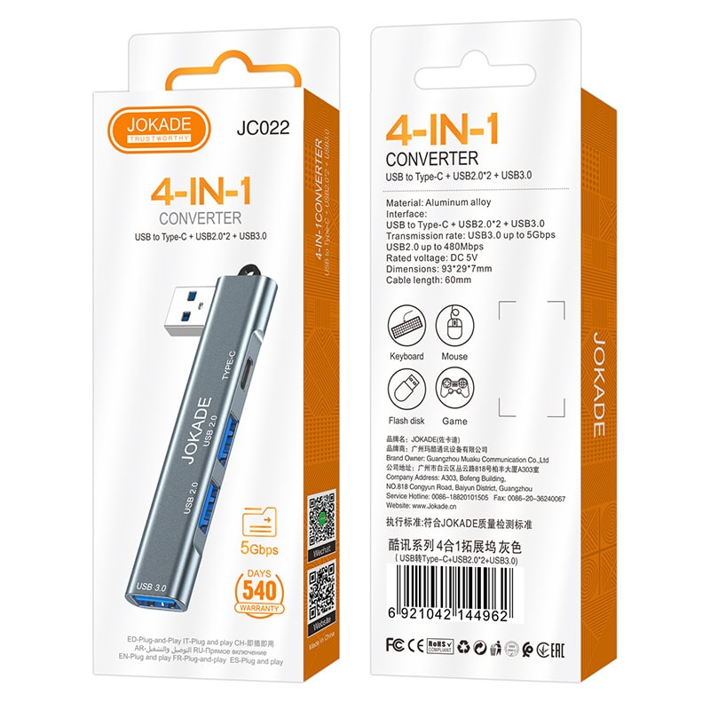 מתאם 4 ב-1 ל-USB Type-C, USB3.0 ו-USB2.0 עם עיצוב אלומיניום קל משקל, מתאים לשימוש עם מחשבים ניידים וטלפונים חכמים.