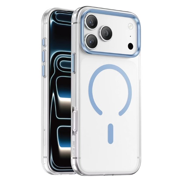 כיסוי מגן שקוף עם תומך MagSafe לאייפון 18 Pro Max בצבע כחול בהיר, עם עיצוב עמיד ומודרני להגנה מקסימלית.
