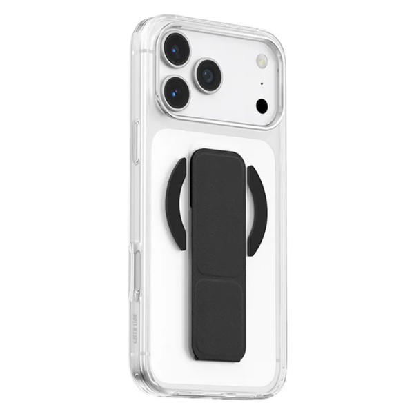 כיסוי עור מגה סף בטיחות MagSafe לאייפון 18 Pro Max בצבע שחור עם תושבת אחיזה וגומי מעוגן.