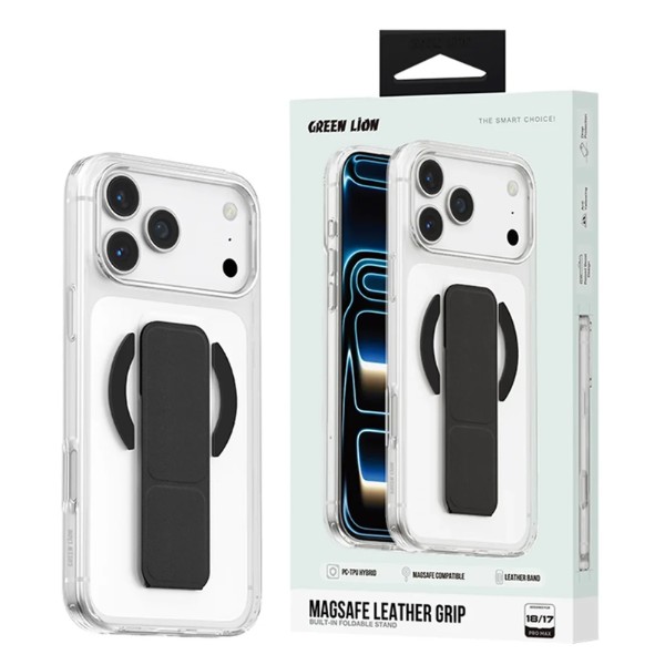 כיסוי MagSafe שקוף עם אחיזת יד Black Lion עבור iPhone 18 Pro Max, כולל תומך MagSafe וידית אחיזה נוחה.