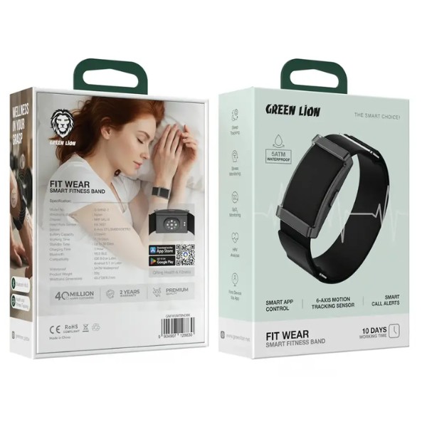 צמיד כושר חכם Green Lion Fit Wear עם ניטור דופק ושינה, מסנן הודעות, מסך מגע וניהול אפליקציה בריאות SmartCase.