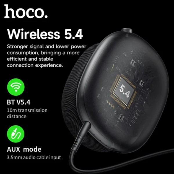 אוזניות הוקו ויי 5.4 Wireless עם קו AUX 3.5mm ותחושת סאונד HiFi, תצוגה של 5.4 BT, טווח ויישום צילום.