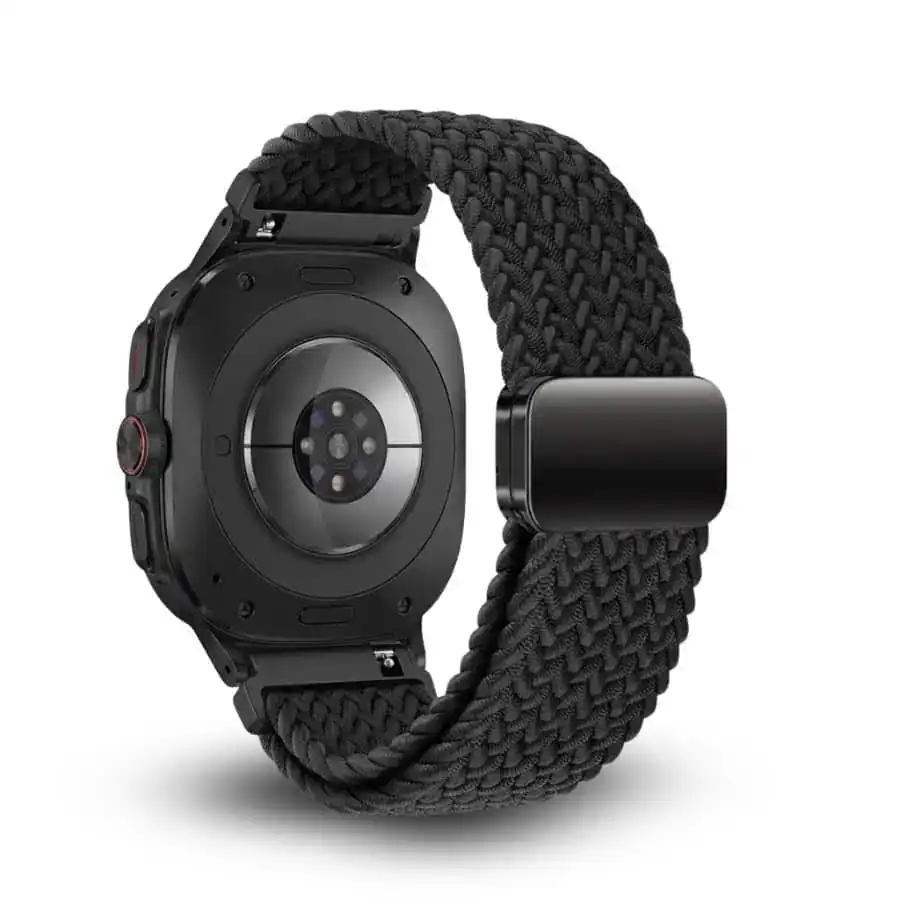 שרשרת לשעון Galaxy Watch 8 מסיבי ניילון שחור עם סוגר מגנטי, תואם למתכת וול קולטי לצפייה איכותית, תמונה של שעון חכם עם רצועה מחוזקת ורוחב תואם.
