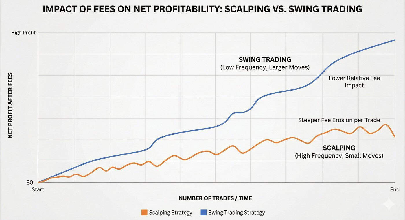 Chart comparing scalping vs swing trading profitability after fees, showing faster erosion in scalping