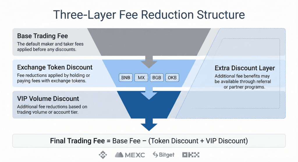 Funnel diagram showing how crypto exchange trading fees are reduced through token discounts and VIP volume tiers