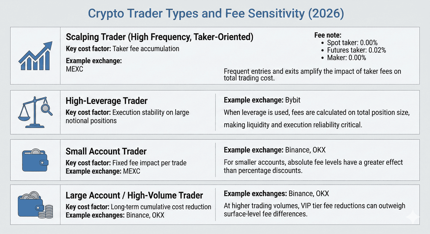 Infographic showing how different crypto trader types are affected by fee structures and exchange cost models Infographic showing how different crypto trader types are affected by fee structures and exchange cost models