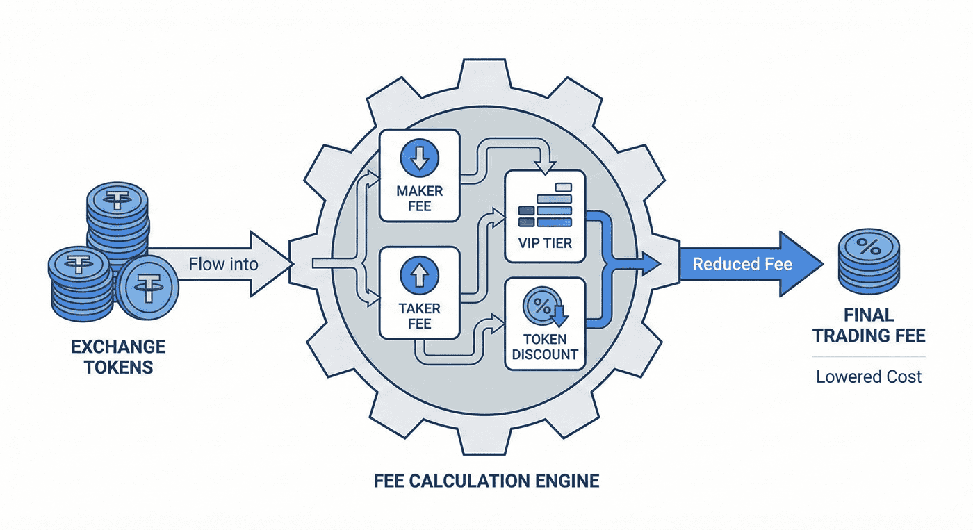 Infographic showing how exchange tokens are applied in the trading fee calculation process Infographic showing how exchange tokens are applied in the trading fee calculation process