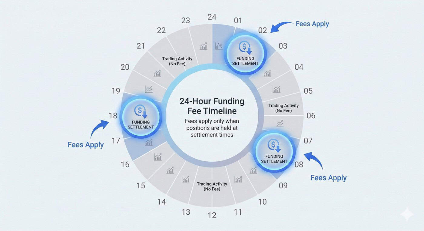 Timeline graphic showing common funding fee settlement times during a 24-hour trading day in perpetual futures markets