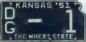 Kansas 1951 car license plate #DG-1