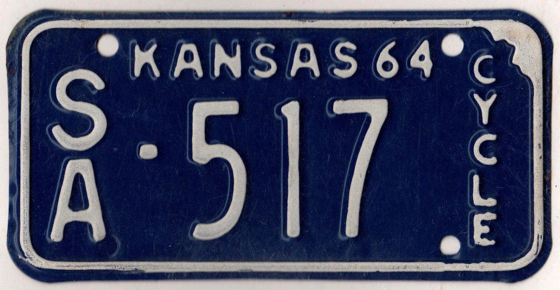 Kansas 1964 motorcycle license plate Saline county #SA-517