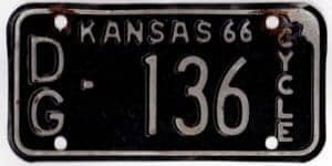 Kansas 1966 motorcycle license plate Douglas county #DG-136