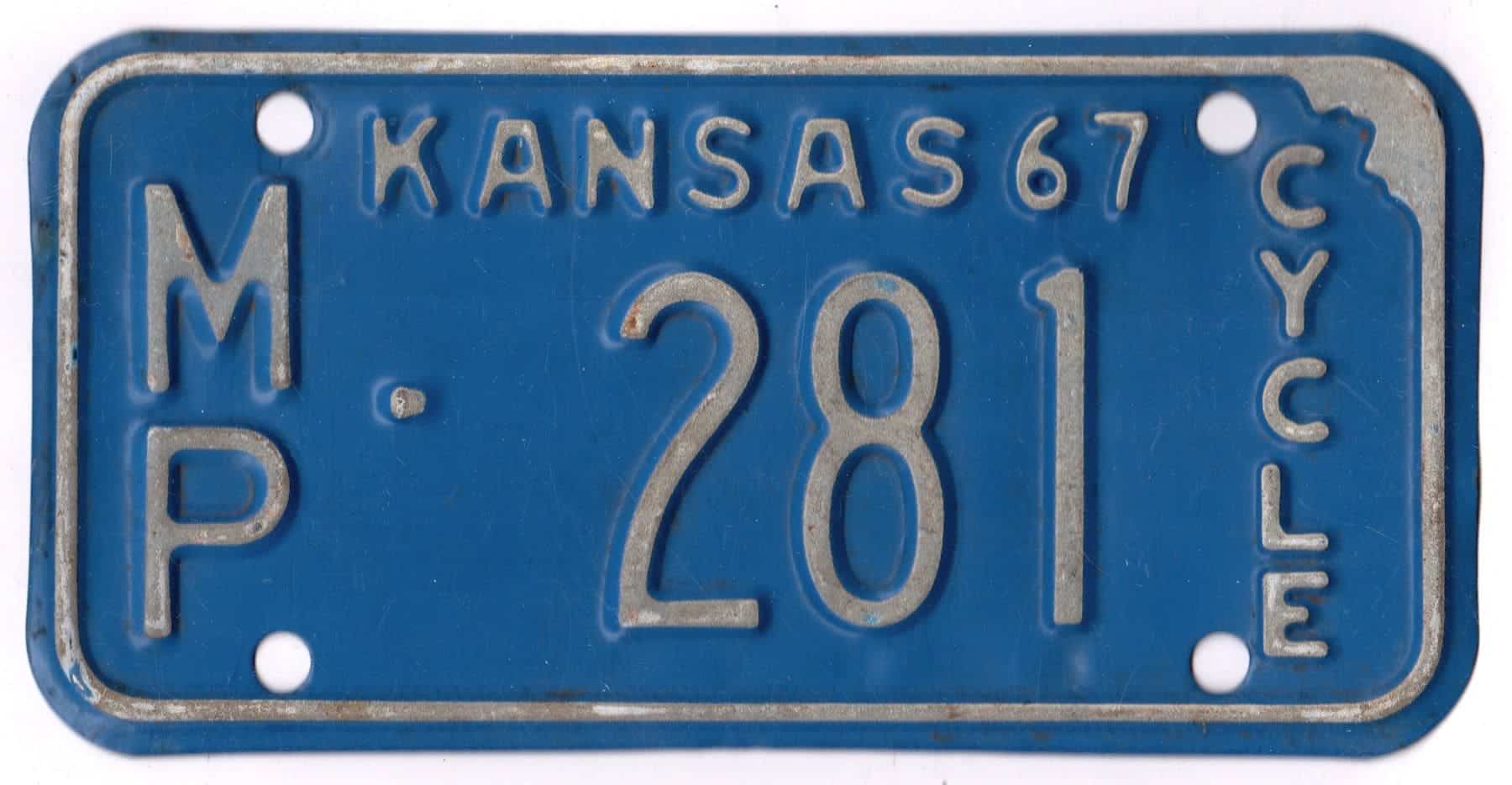 Kansas 1967 motorcycle license plate McPherson county #MP-281