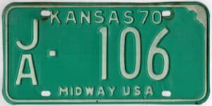 Kansas 1970 car license plate Jackson county #JA-106