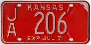 Kansas 1971 car license plate Jackson county #JA-206