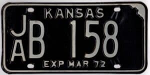 Kansas 1972 car license plate Jackson county #JA B-158