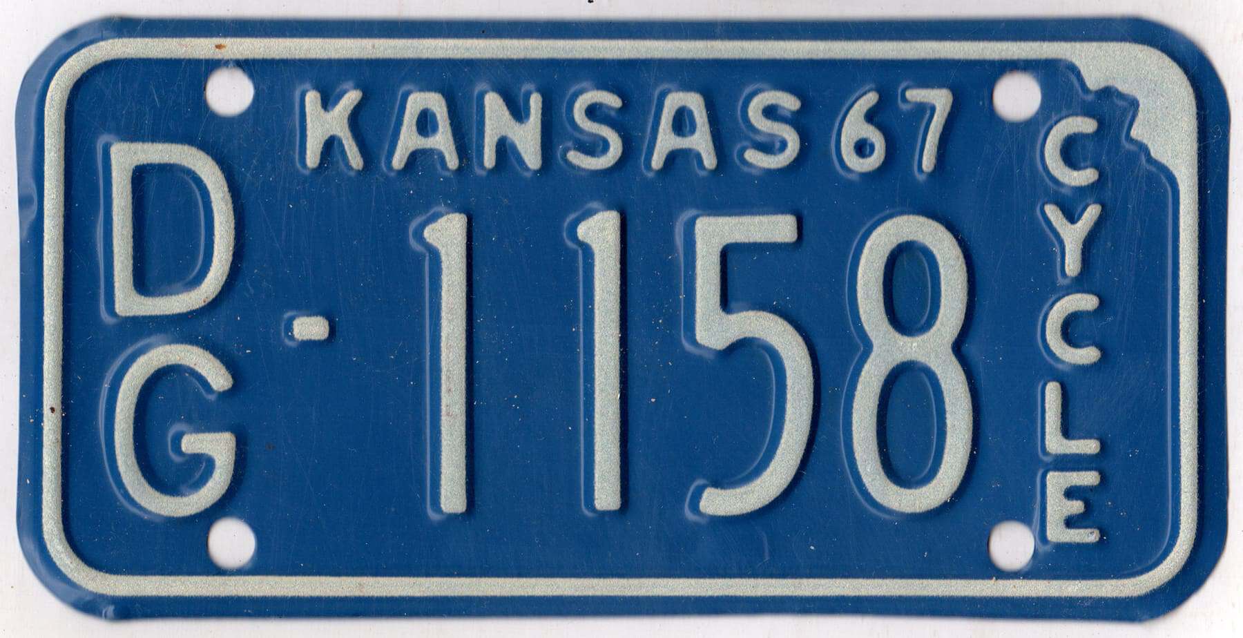 Kansas 1967 motorcycle license plate Douglas county #DG-1158