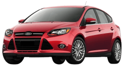 Red Ford Focus sedan parked at Matthews Auto dealership in Ontario.