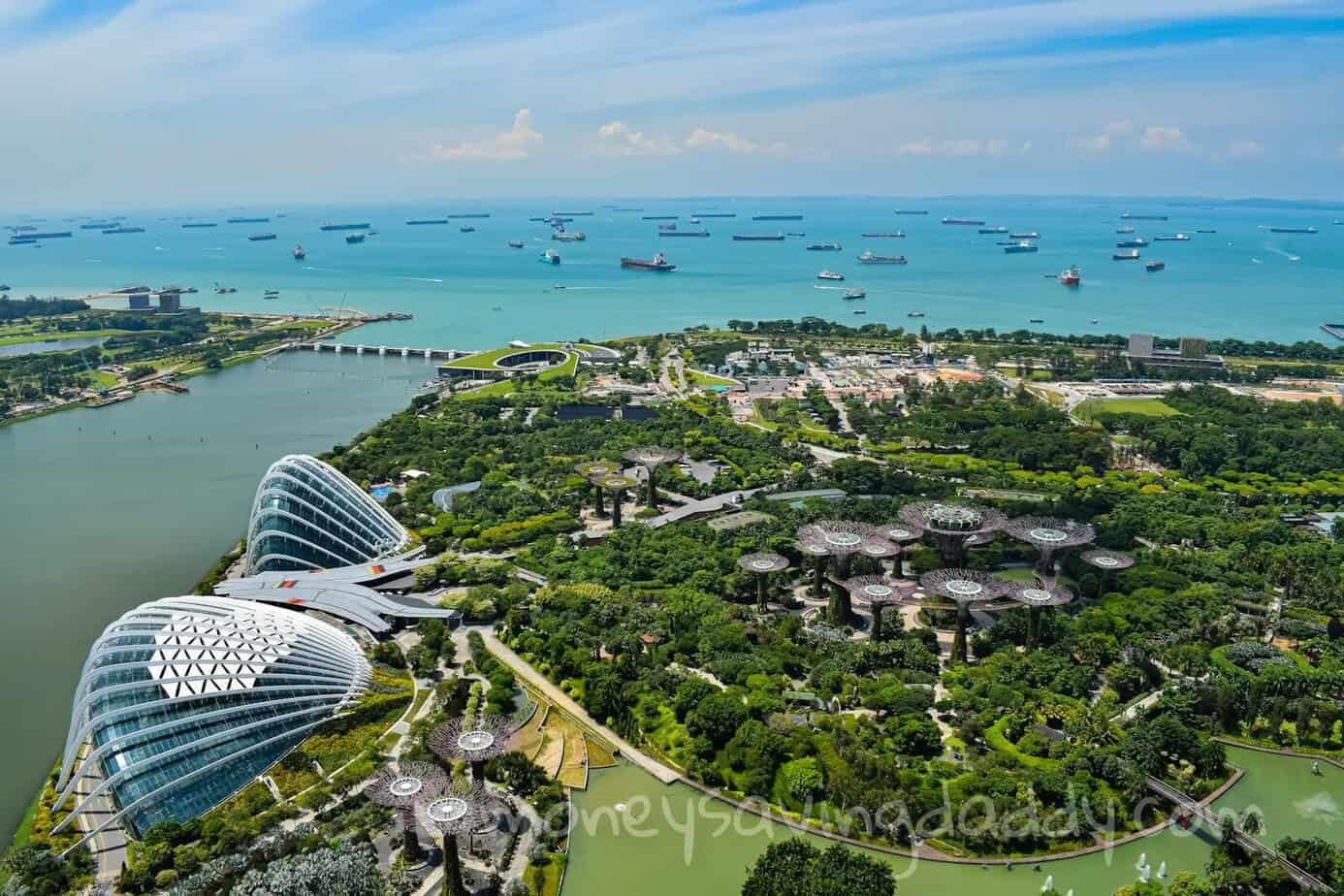 Stunning aerial view of Singapore's Gardens by the Bay with ships in the background.
