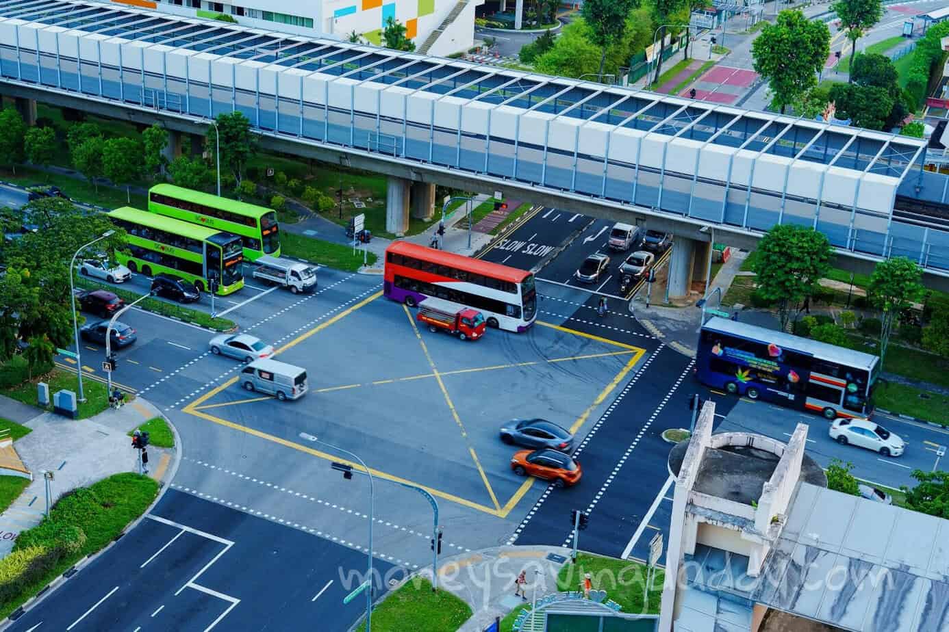 High angle view of a busy intersection with buses and cars in a cityscape setting.