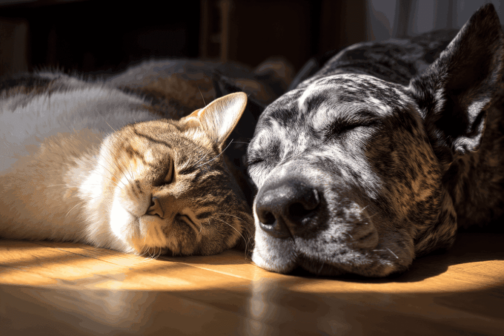 Cat and dog sleeping together on a wood floor in sunlight.