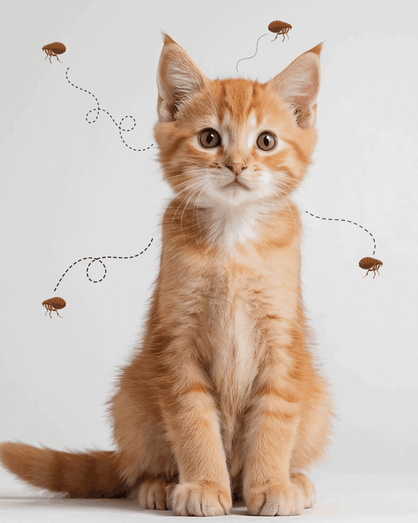 Orange tabby kitten sitting against a white background, surrounded by illustrated fleas with dotted movement trails around its head and body.