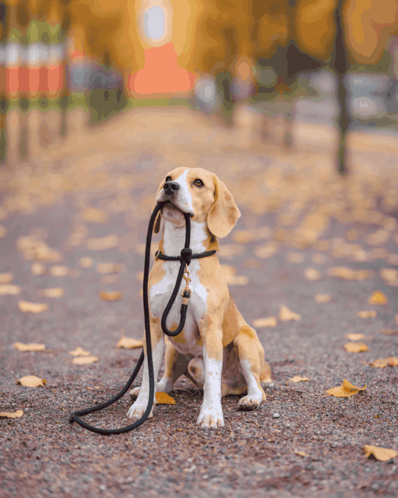 Tan-and-white beagle sitting on a gravel path holding its leash in its mouth, looking up expectantly, with blurred autumn trees and fallen leaves in the background.