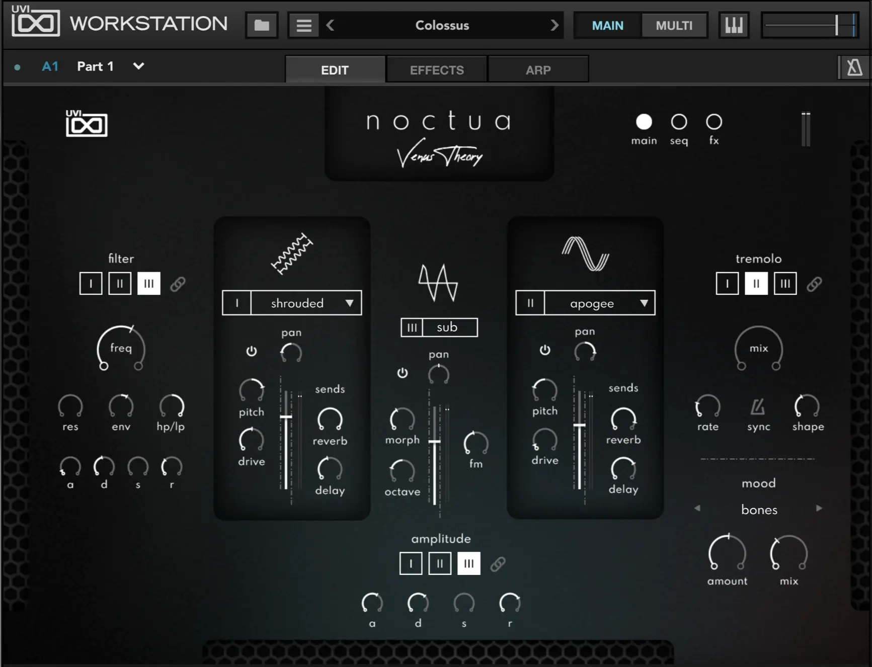 Detailed view of UVI's Noctua Synthesizer, a Venus Theory collaboration, showcasing its innovative interface and sound design capabilities