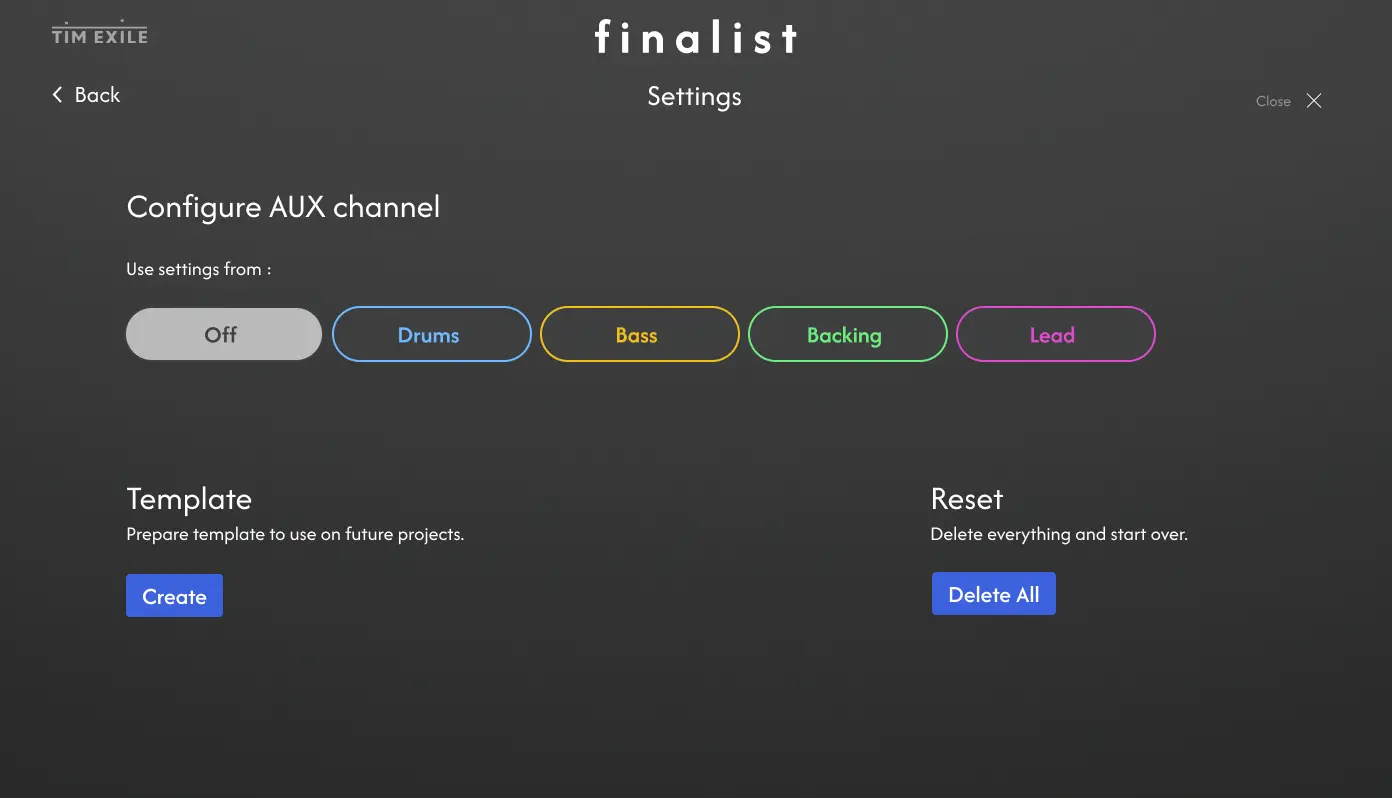 Finalist Settings interface