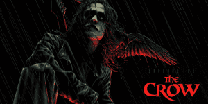 Dark Gothic movie poster featuring a sinister figure with a crow and rain, emphasizing horror and su.