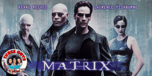 Group of four characters from The Matrix movie, dressed in black, with a digital background.