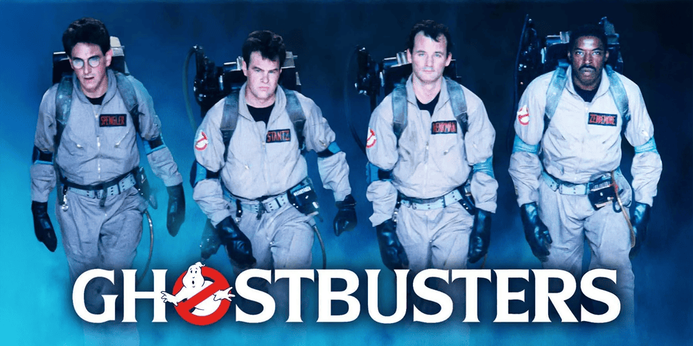 Ghostbusters movie poster featuring four men in Ghostbusters uniforms.