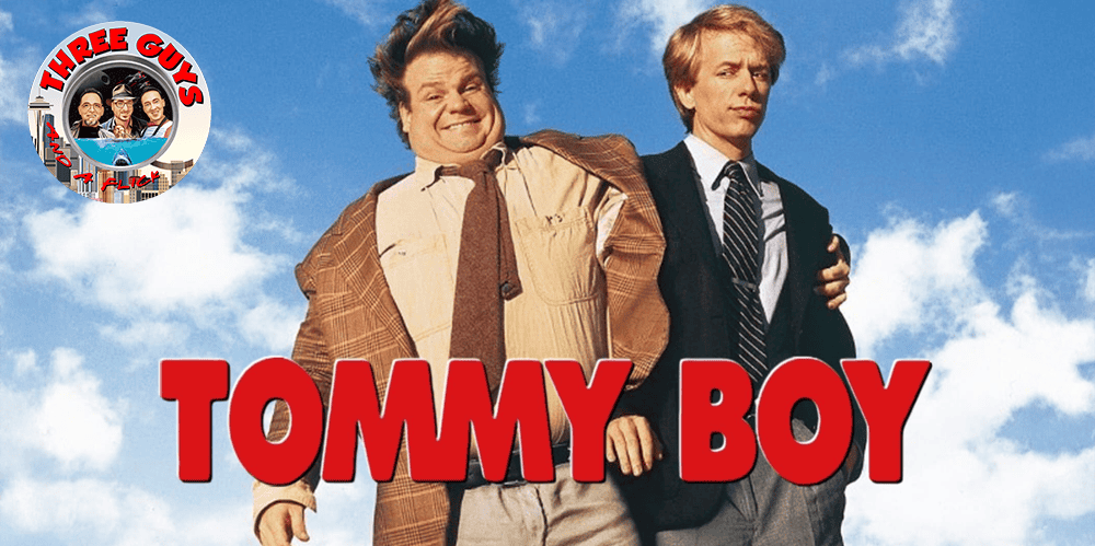Three guys in 1990s attire smiling outdoors, promoting the Tommy Boy movie review podcast.